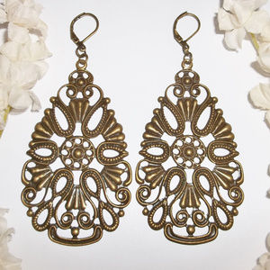 Huge Bronze Statement Earring Lightweight Teardrop Brown Set Pair Dangle 4923